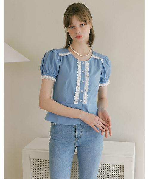 More Than Like Button Lace Blouse - Skyblue Skyblue/Free