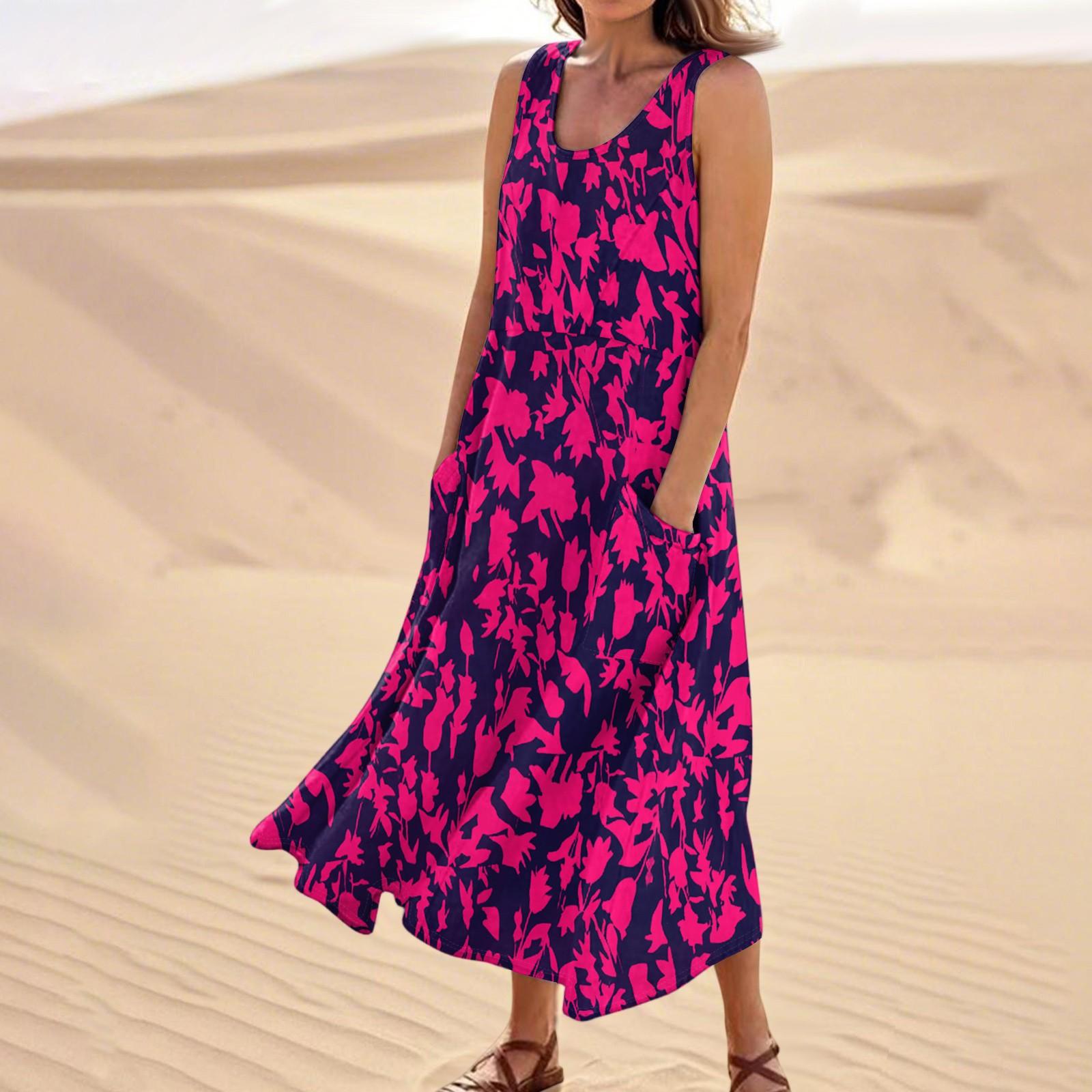 Women s Summer Casual Fashion Flower Printed Sleeveless  Pocket Dress XL