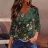 Women V Neck Floral Print Top with Three Quarter Sleeves Loose Fit Blouse Lightweight Casual Shirt for Daily Wear