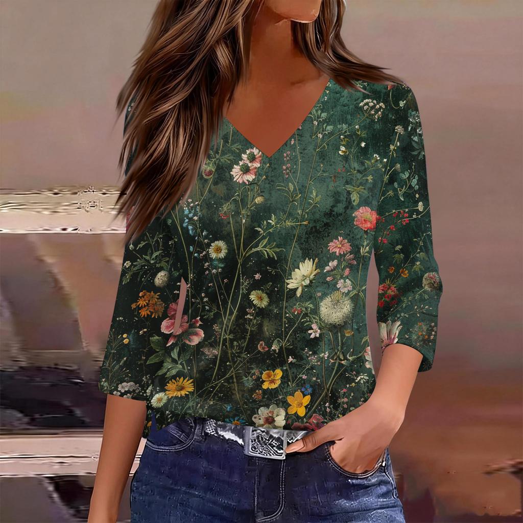 Women V Neck Floral Print Top with Three Quarter Sleeves Loose Fit Blouse Lightweight Casual Shirt for Daily Wear