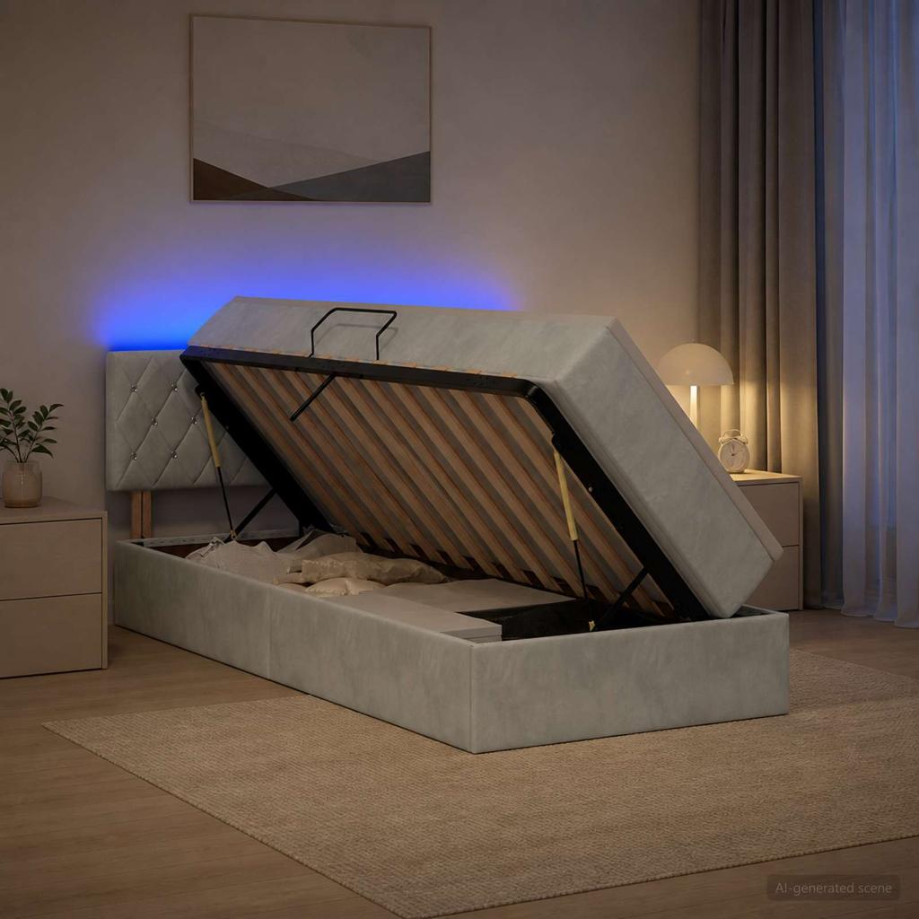 LED Storage Bed with Mattress Light Grey 90 X 200 Cm Velvet