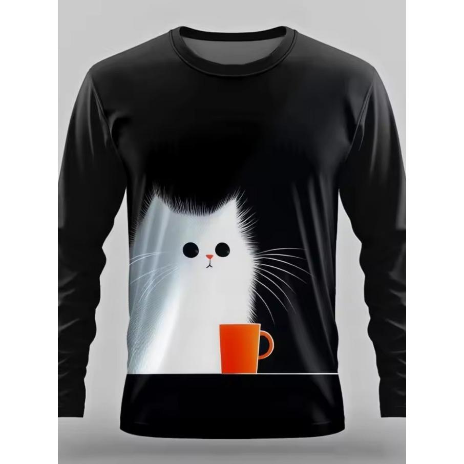 Women Fashon Polyester Comfortable T Shirts Sports Cat 3D Print Loose Round Neck Long Sleeve T-shirt Top