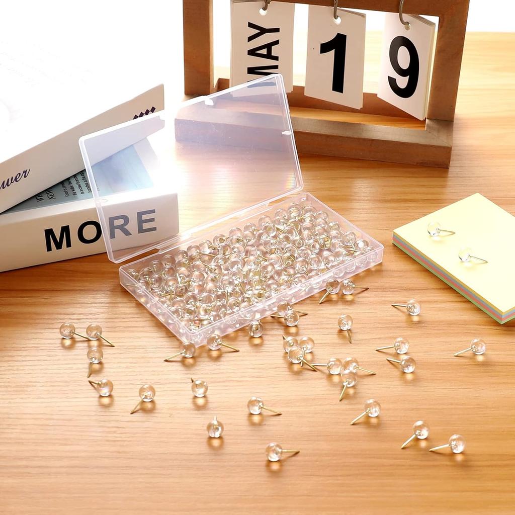 150 Pcs Push P, Standard & Transparent Plastic Head Steel Point Thumb Tacks for Wall, Office & Craft Organization (Gold)