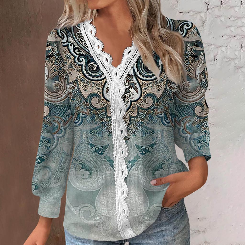 Women's V Neck Lace Long Sleeves Pleated T-Shirt Fashion Tops Tunic Button Up Ladies Business Cotton Casual Shirts