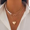 Sweet And Cool Style Metal Love Stacked Necklace Women, Fashion Imitation Pearl Chain Peach Heart Necklace