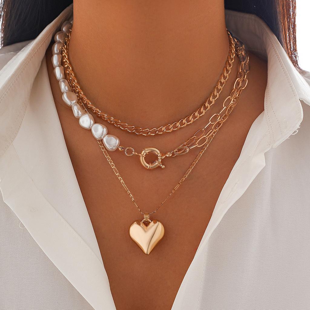 Sweet And Cool Style Metal Love Stacked Necklace Women, Fashion Imitation Pearl Chain Peach Heart Necklace