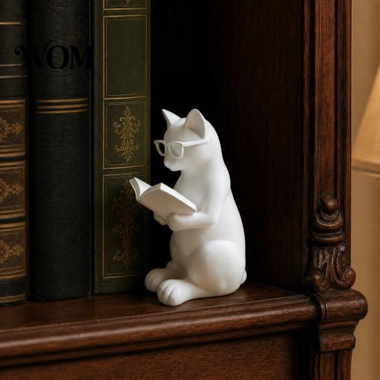 Study Room Decor 3D Printed Reading Cat Figurine, Decorative Ornament with Weighted Anti-Slip Base, With Glasses Intellectual Statue Eye for