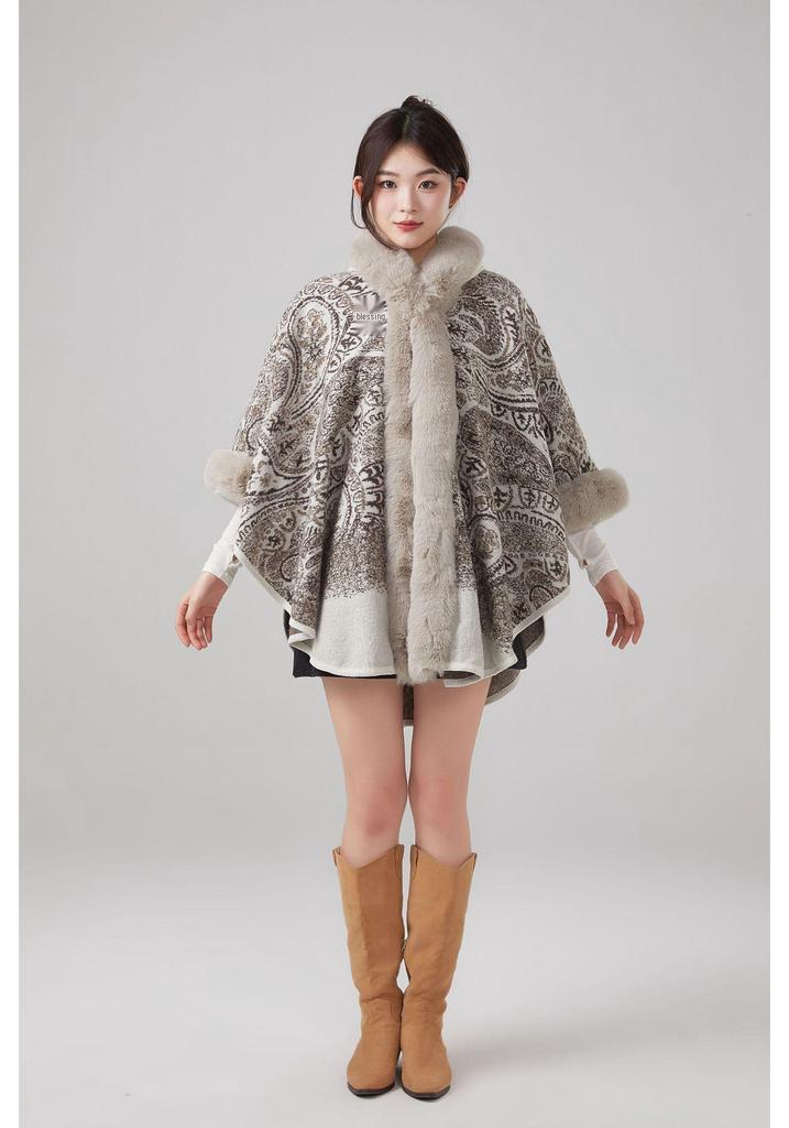 European & American Fall/Winter Faux Mink Fur Hooded Shawl Cape Woolen Cardigan for Women Plus Size