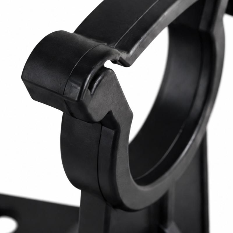 Hinged Clamp Gas Regulator Bracket, Black Nylon Mount with Snap Closure and Screw Base for Recreational Vehicle Cabinet Panel Installation