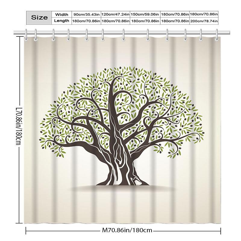 Elegant Tree Pattern Shower Curtain – High-End Polyester With Hooks, Artistic Green Leaf Design, Machine Washable
