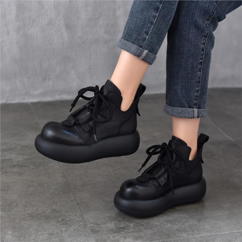Johnature Retro Lace Up Platform Short Boots Genuine Leather Thick Soled Round Toe Women's Boots