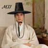 Wide Brim Performance Accessory Korean Traditional Hat, Anime Cosplay Accessory, Stage Flat Confucian Hat Top with Beaded Chain for Cosplay,