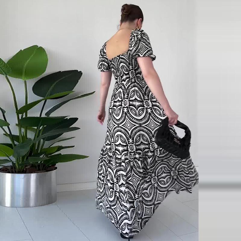 2024 Summer Women's French Retro Square Neck Printed Long Dress