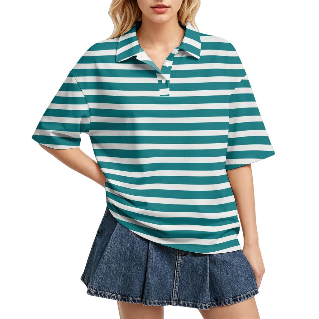 Camisa Polo Casual para Mujer de Corte Holgado con Mangas Cortas, Ligera, con Patrón de Rayas, Top de Verano con Cuello Clásico y Tapeta de Botones
