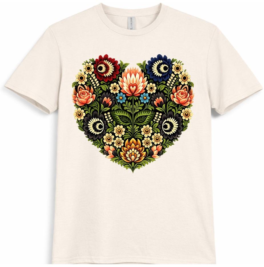Folk Art Heart Graphic T-Shirt Botanical Floral Flower Design Gift Tee