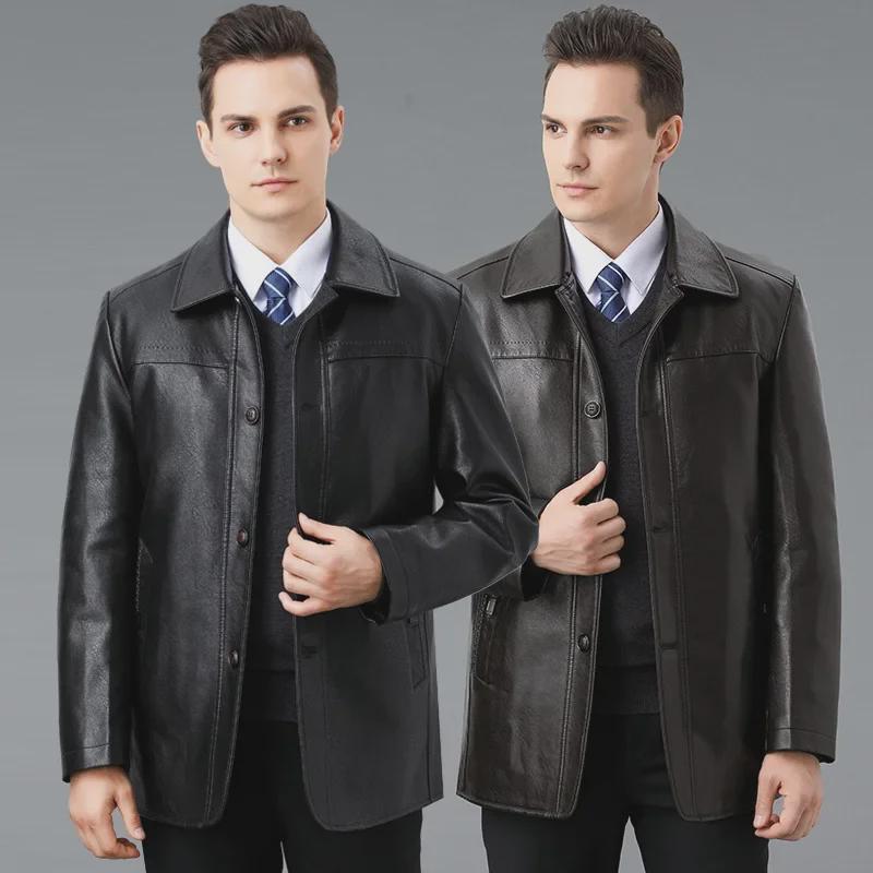Chaqueta de cuero genuino de invierno para hombre con cuello de piel desmontable y forro de plumón: ideal para personas de mediana edad y mayores.