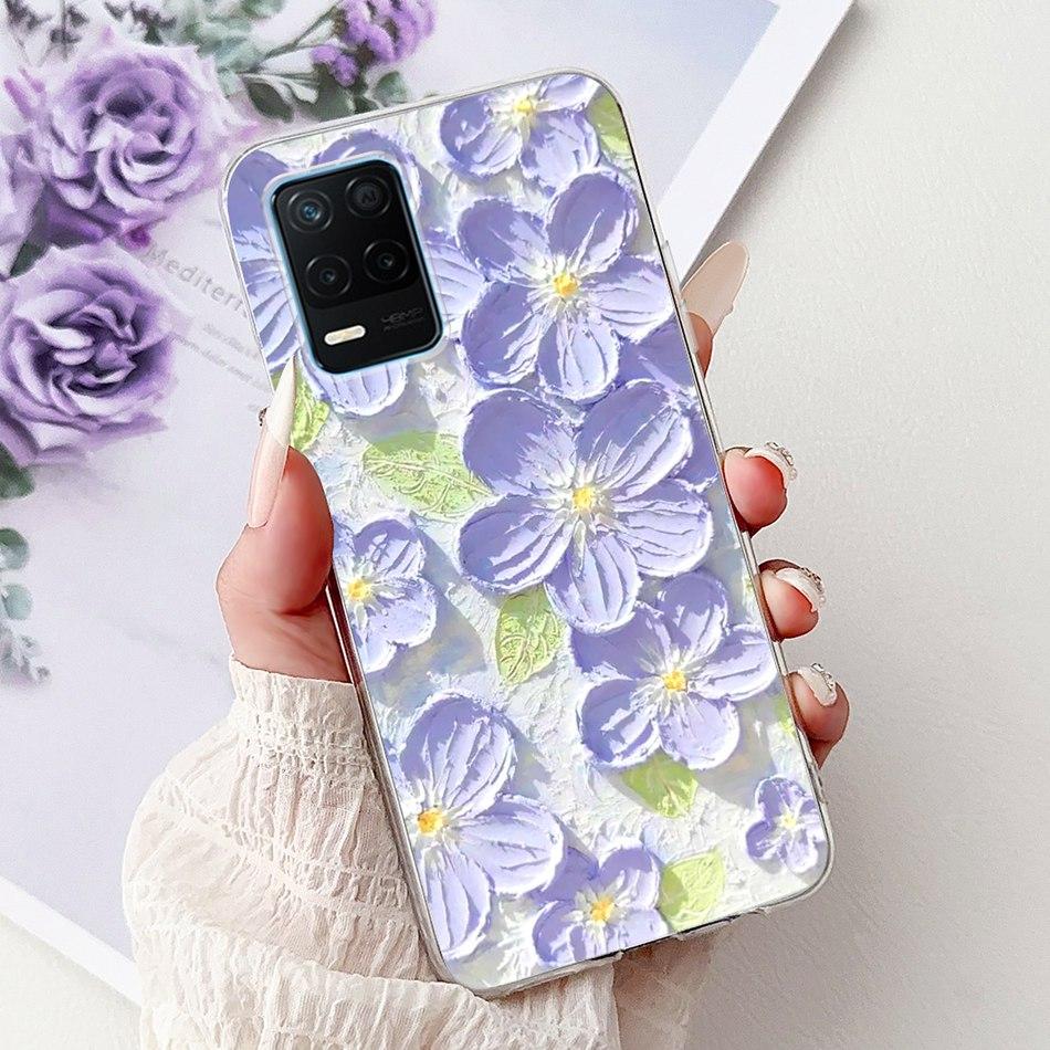 Pro telefon Realme 8 5G RMX3241 Pouzdro na telefon Realme8 5G Elegantní Květinový Potisk Kočky Měkký Silikon Průhledné TPU Pouzdra
