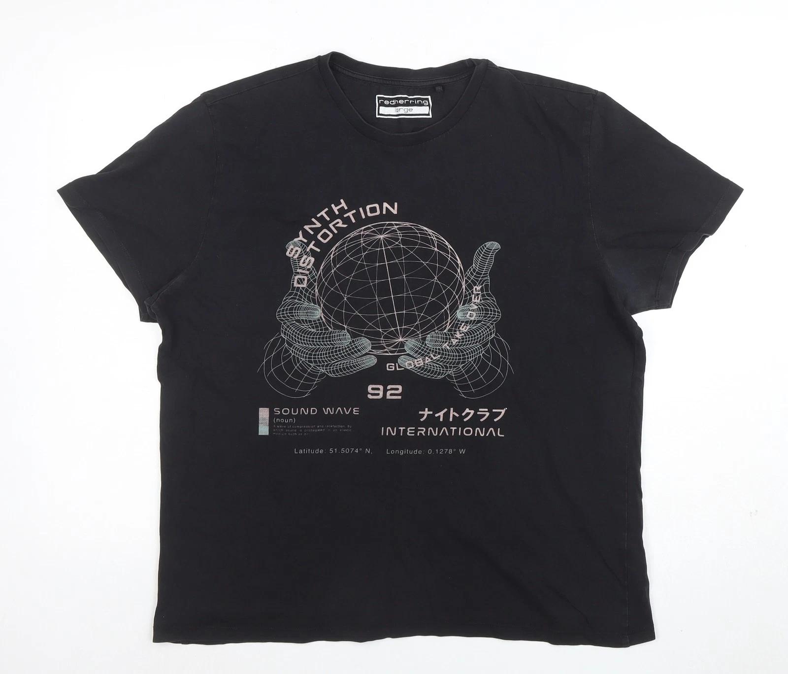 Red Herring Men s Black Graphic Print Cotton T-Shirt Size L 2XL
