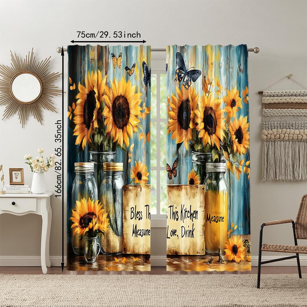 Set Of 2 Rustic Versatile Polyester Transparent Curtains Home Decoration Vintage Yellow Floral Use Bedrooms Living Curtain Ideal For Sleeping Area