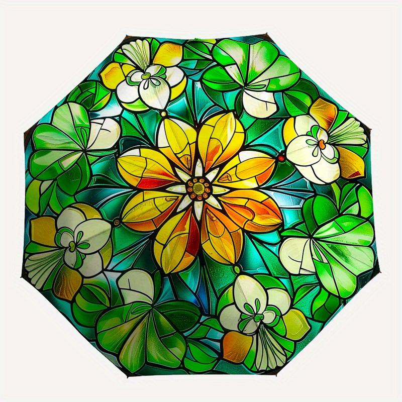 Stained Garden: Vibrant Floral Window ArtUmbrella, Portable 3-Fold Compact Umbrella for Men & Women Gift