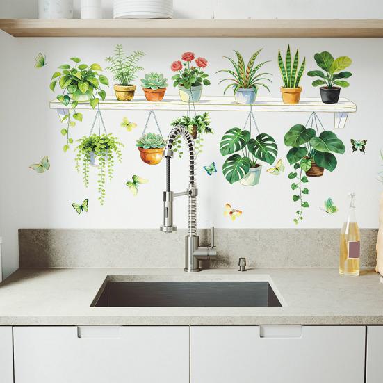 Tropical Plants Shelf Wall Sticker Green Potted Plant Wall Decals with Butterfly Flower for Living Room Bedroom Office