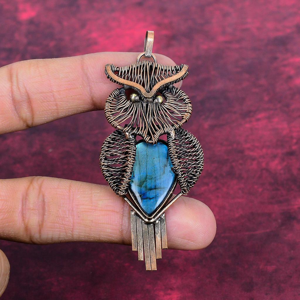 Labradorite Pendant Copper Wire Wrapped Jewelry Owl Pendant Gemstone Jewelry