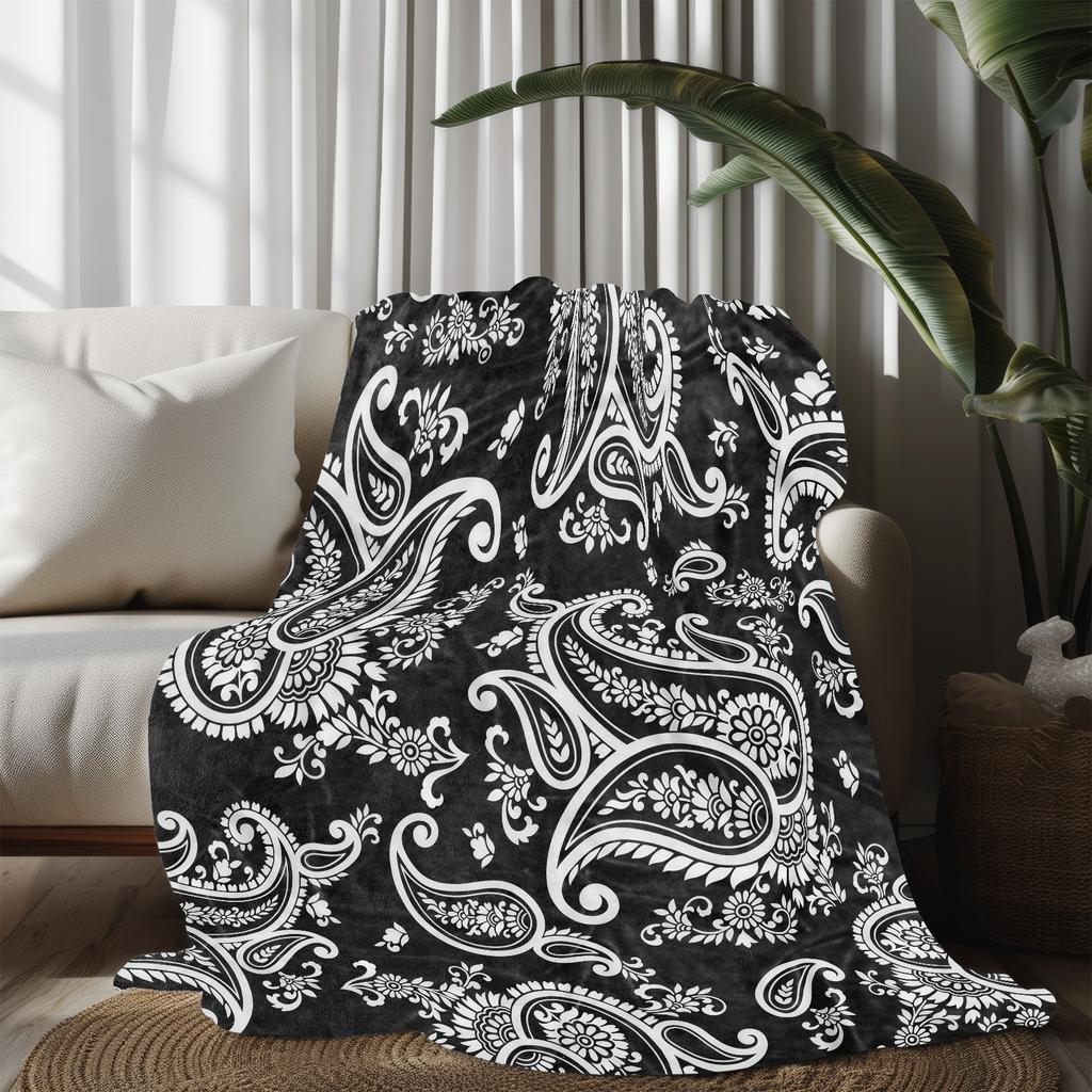 1 Stück Schwarz-Weiß-Blumenmuster Flanelldecke - Weich, Hochauflösender Digitaldruck, Ganzjahres-Gemütliche Decke für Zuhause und Freunde