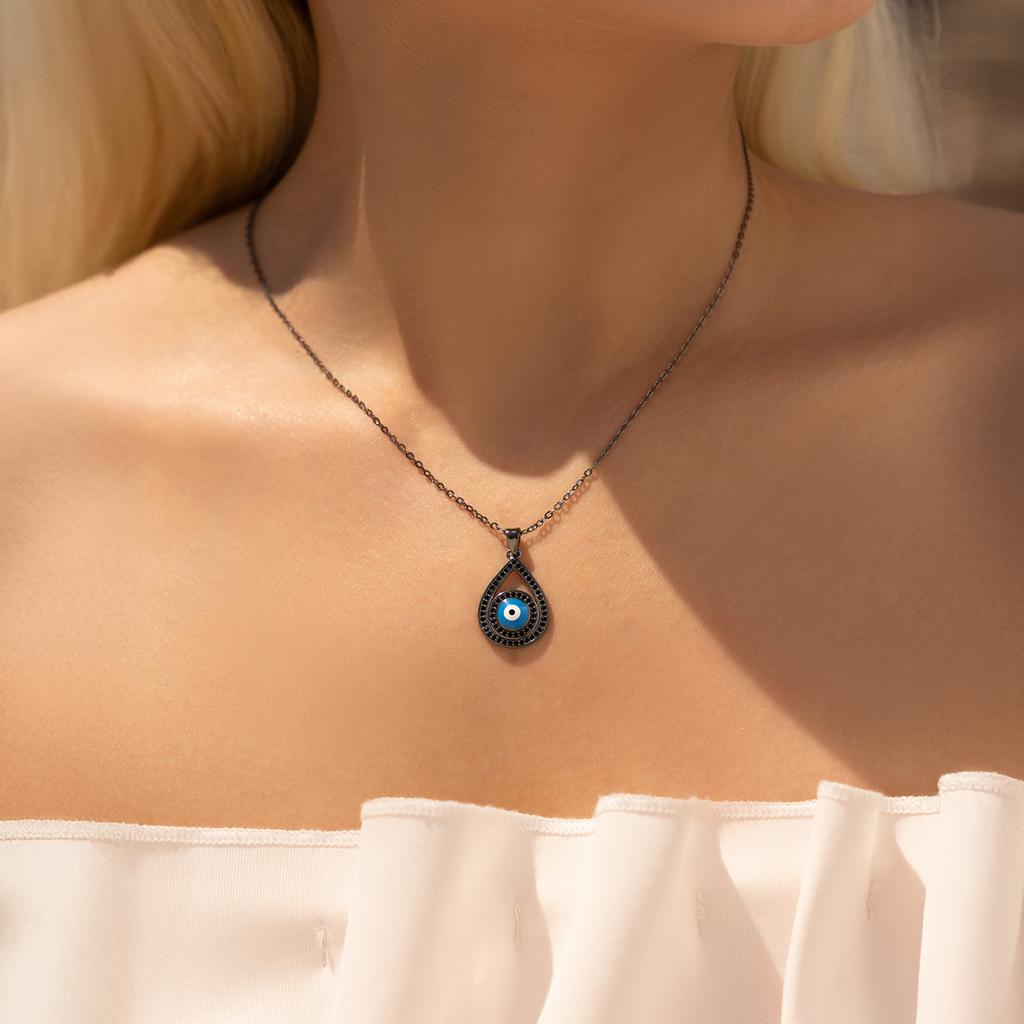 Collier Goutte d'Eau Dorée Noire en Argent Sterling 925 Pendentif Yeux Bleus Charmants Colliers pour Femmes Bijoux Fins