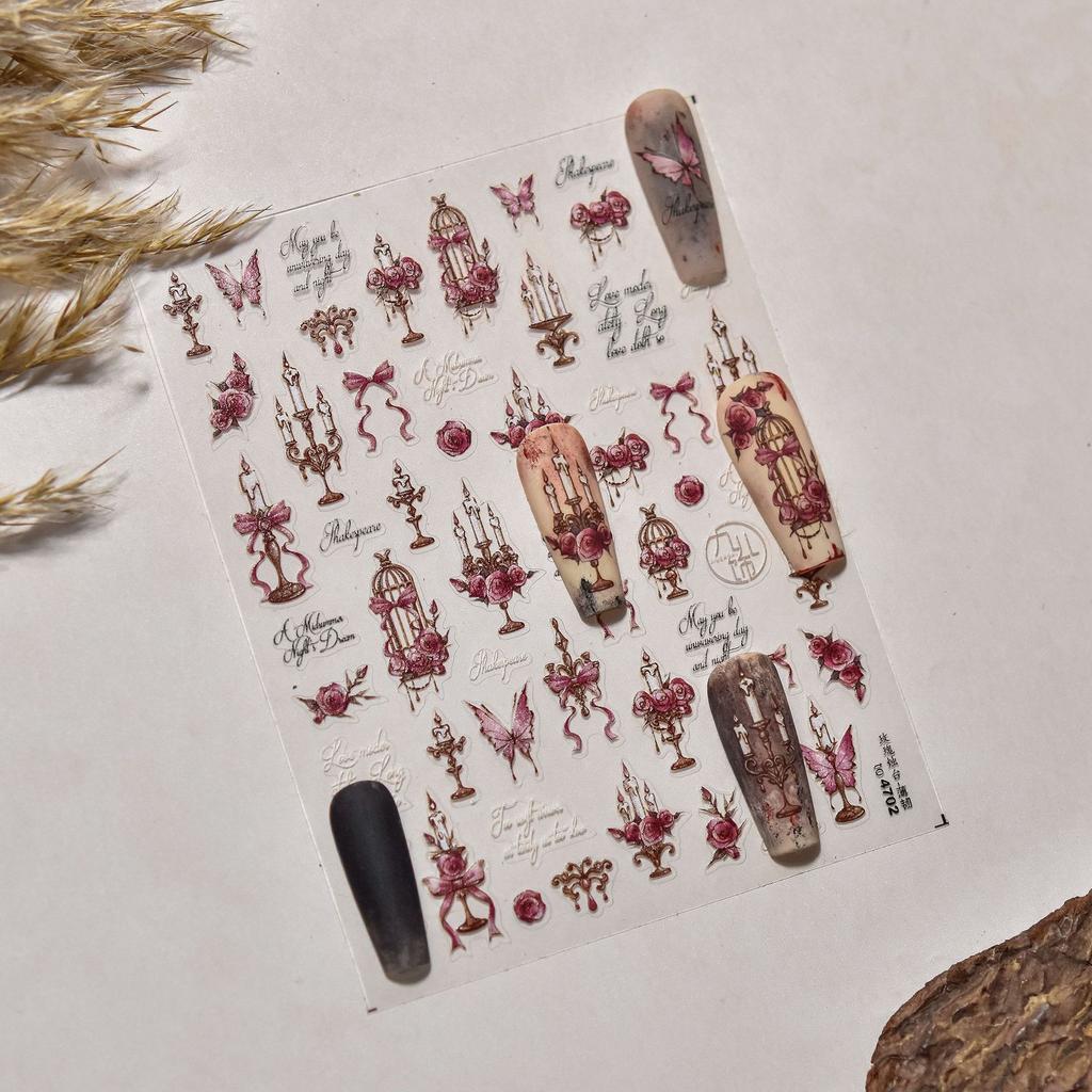 5D Butterfly Red Spider Lily Blooming Flowers Nail Art Stickers Chinese Characters Phoenix Swallow Self Adhesive Manicure Decals