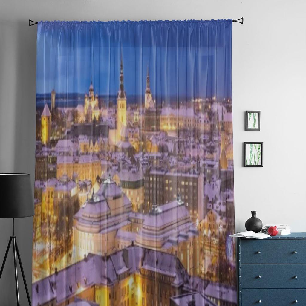 Winternacht Luftaufnahme der Altstadt in Tallinn Transparente Vorhänge Wohnzimmer Tüll Fenstervorhang Schlafzimmer Küche Vorhänge