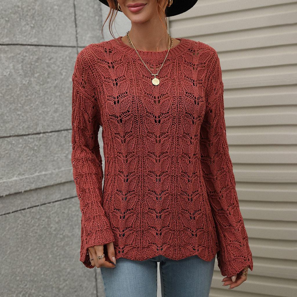 Women's  And Winter  Solid Round Neck Long Sleeve Knit Sweater Pullover Sweater