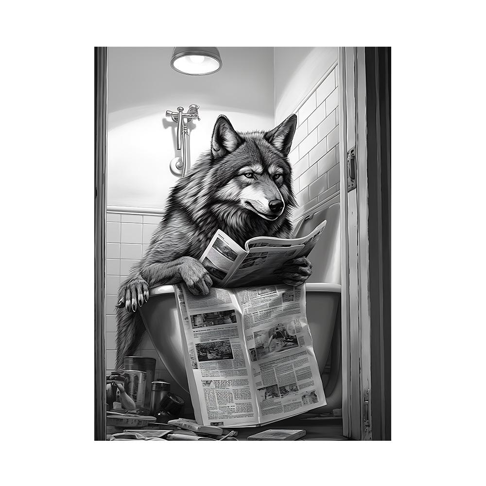 Ванная комната Стена Милый Забавный Животный Плакат Печать Ванна Туалет Юмор Холст Картина Корова Панда Чтение Газеты Комната Домашний Декор 20x30cm