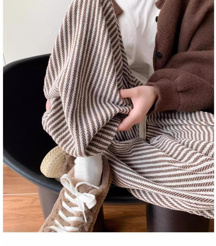 Korean Style 2025 High Waist Retro Pinstripe Wool Pants: Women’s Slimming Wide-Leg, Floor-Length for Spring, Autumn, Winter.