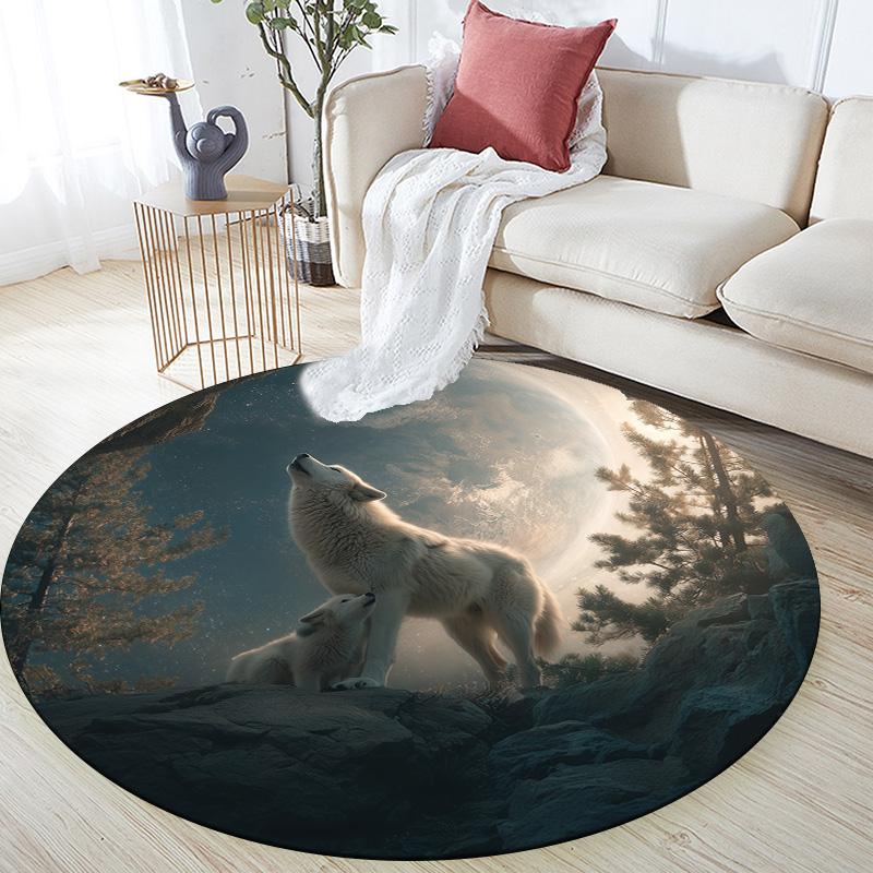 Two White Wolves,Round Area Rug,Carpet Rug for Living Room Bedroom Sofa Playroom Decor,Non-slip Floor Mat