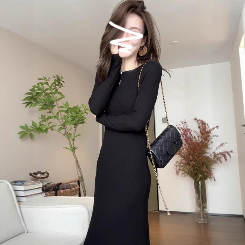 Black Knit Midi Dress Women High Waist U-Neck Long Sleeve Bodycon Elegant Office Wear Winter 2025