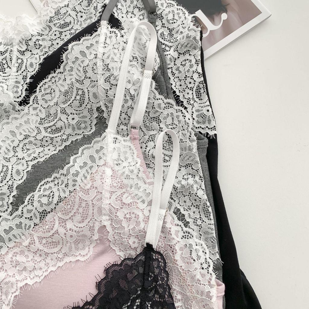 Casual Lace-Trim Pajama Set with Built-in Bra Pads
