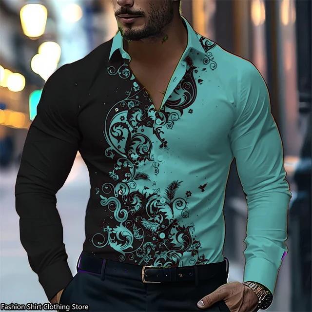 Men S Long Sleeve Button Down Colour Block 3d Printed Casual Shirt