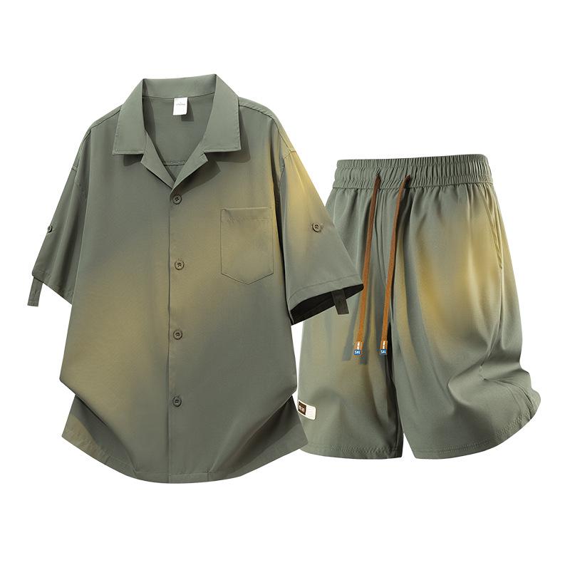 Men's Ultra-Thin Ice Silk Shirt Set - Trendy Summer Two-Piece Casual Short-Sleeve.