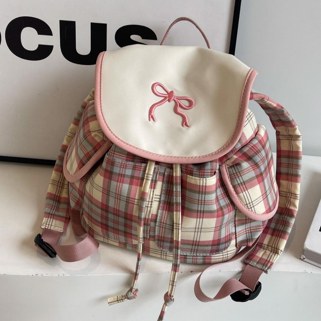Cute Travel Backpack New Pink and White Plaid Backpack Schoolbag