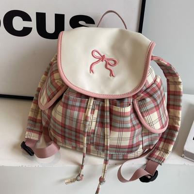 Cute Travel Backpack New Pink and White Plaid Backpack Schoolbag