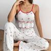 Summer Sling Pajamas Set Women Pants and Sleeveless Tops Set Round Neck Sleepwear Young Girls Cherry Print Loungewear Homewear Pyjamas
