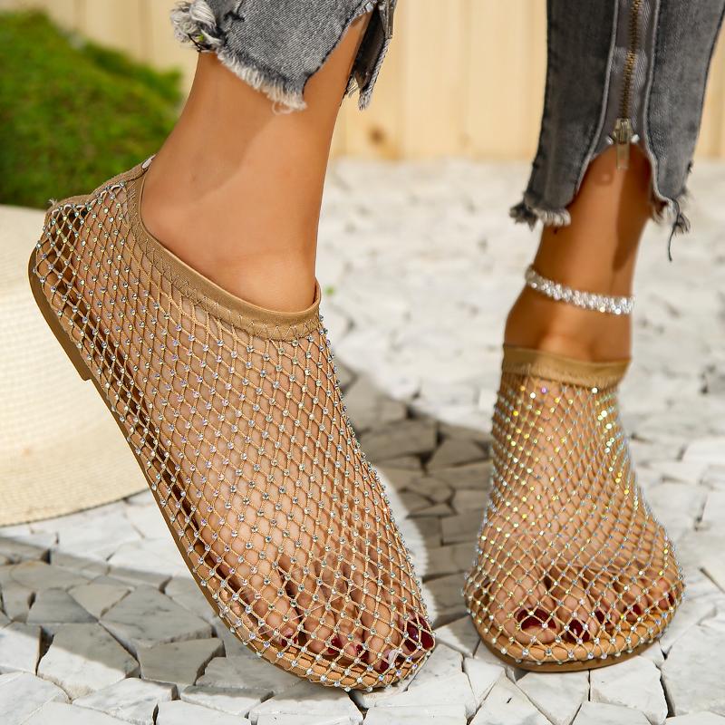 2025 Large Size Hollow Net Shoes Summer New Autumn Net Red Hundred with Foreign Gas Rhinestone Sandals a Foot Stirrups