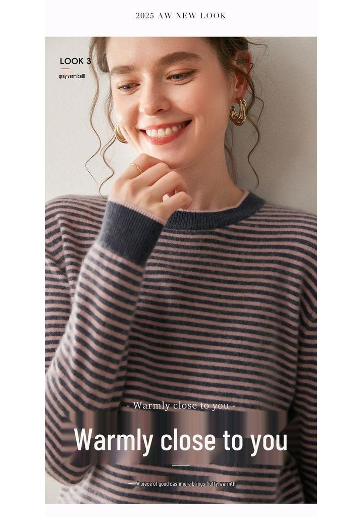 Women's Striped Cashmere Sweater - Long Sleeve, Loose Fit, Round Neck, Versatile Knitwear for Autumn/Winter