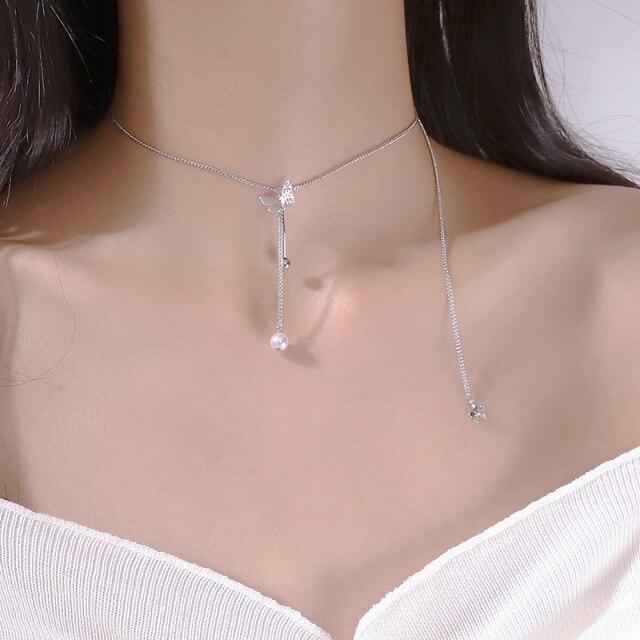 Sterling Tone Butterfly Necklaces Shiny Zircon Stone Clavicle Chain Pendant Necklace Women Jewelry Event Gathering Souvenir GiftTrendy