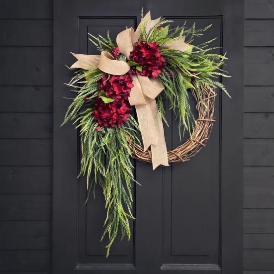 Artificial Hydrangea Wreath for Front Door 16 Inch Lifelike Floral Wreath with Burlap Bow for Door Wall Wedding Party Home Farmhouse Decoration