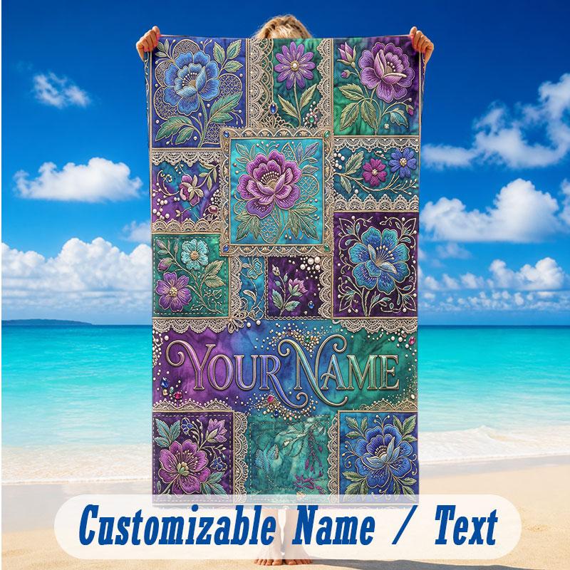 Floral Garden Theme Beach Towel Personalized Custom Name & Text Soft Quick Dry Beach Towel for Swimming Travel