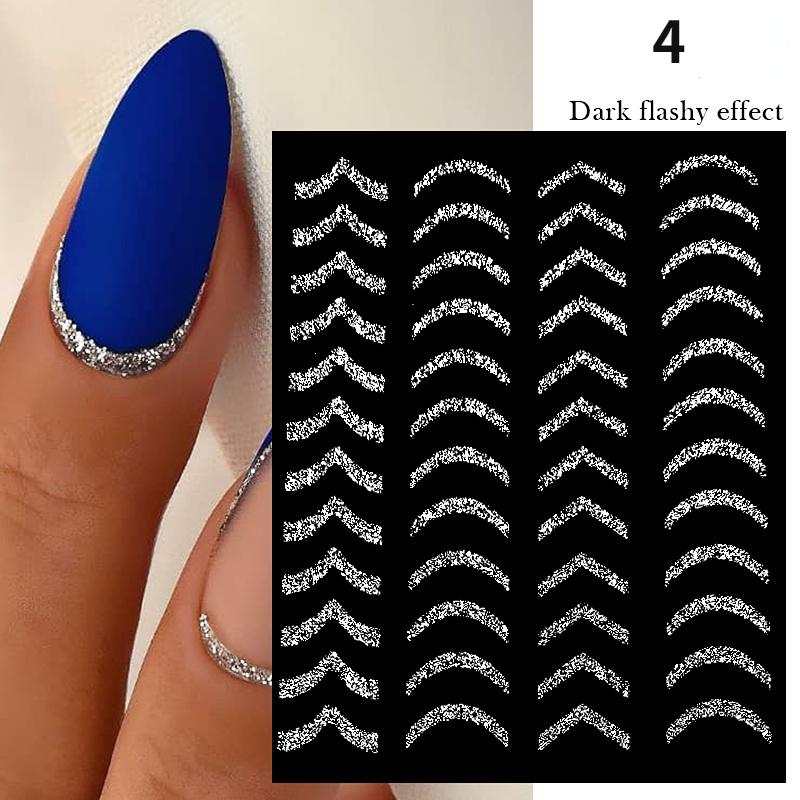 French 3D Nail StickersStriped Design,French-Style Decals,Transfer Nail Art,Decorative Silver Reflective Glitter Stickers