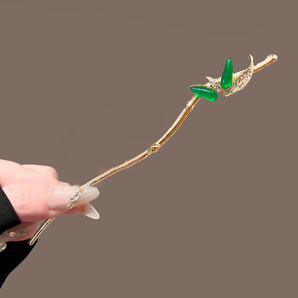 Chinese Hanfu Hairpin Green Leaf Hair Sticks Zinc Alloy Bamboo Hair Stick For Women 17cm Rhinestone Hair Accessories 1/2pcs