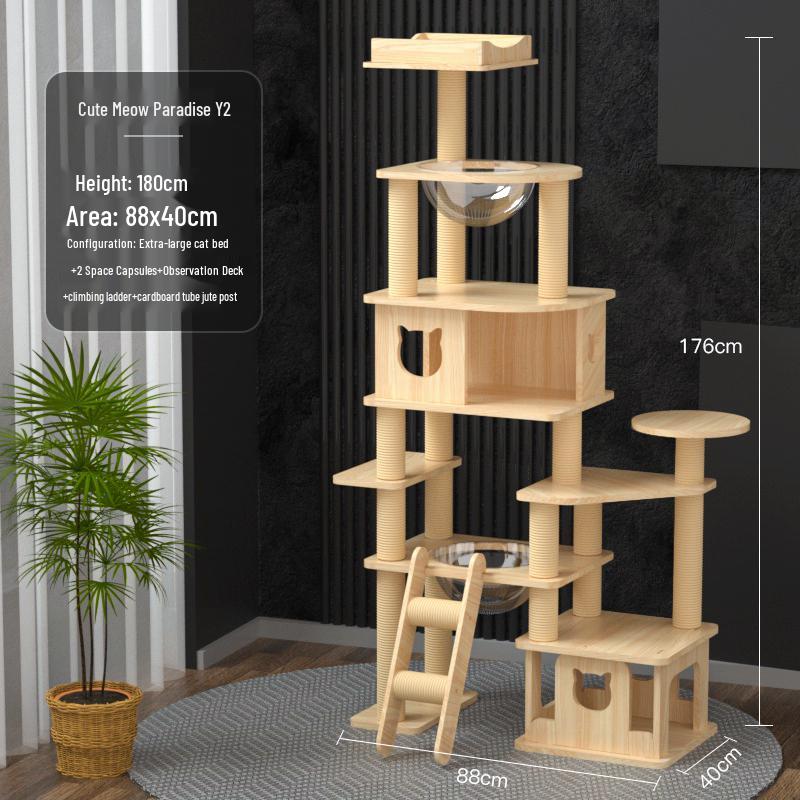 Compact Solid Wood Cat Tree with Climbing Frame & Space Capsule Bed for Large & Small Homes