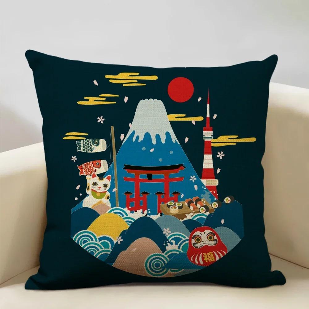 Home Decor Japanese Scenes: Cherry Blossoms & Mt. Fuji Pattern Cushion Cover Suitable for Sofa Bedroom Car Pillow Cover